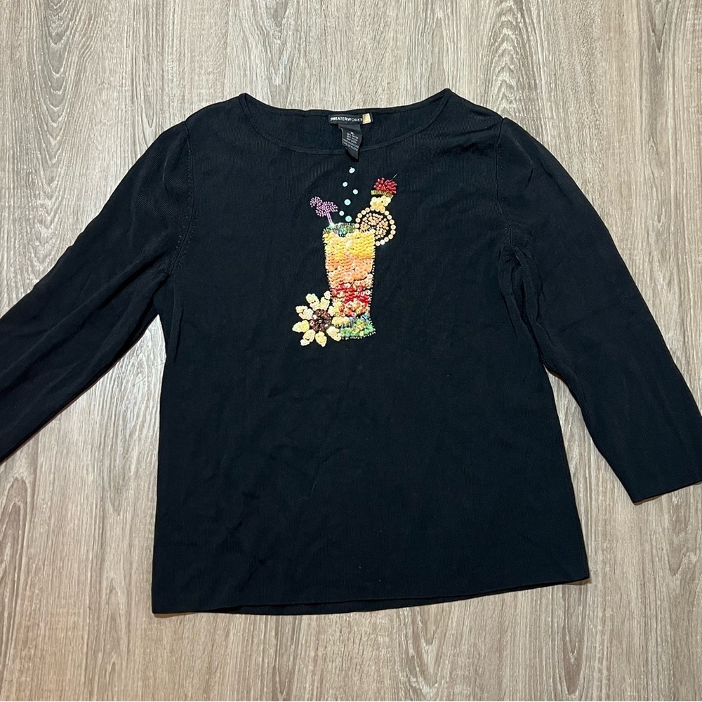Sweaterworks Shirt Womens Sz XL Black Embellished Beaded Cocktail Vacation Party - Picture 8 of 8